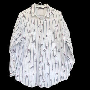 Geoffrey Hunter Shirt Mens Large White Blue Striped Skier Print Button Up Cotton
